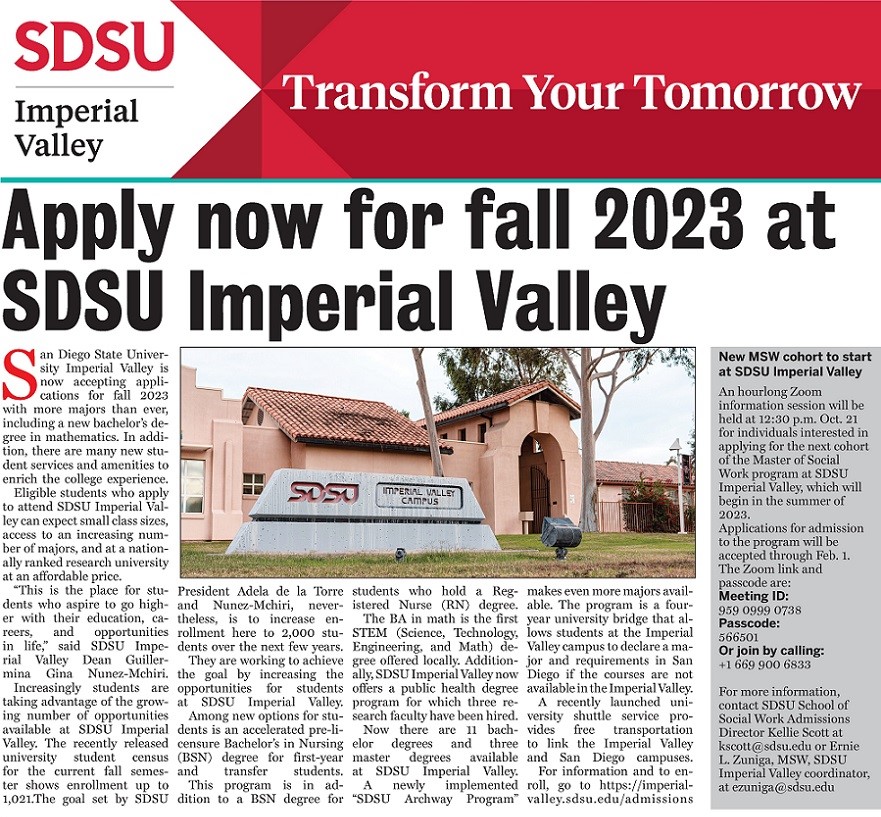 news article titled, "Apply now for fall 2023 at SDSU Imperial Valley."