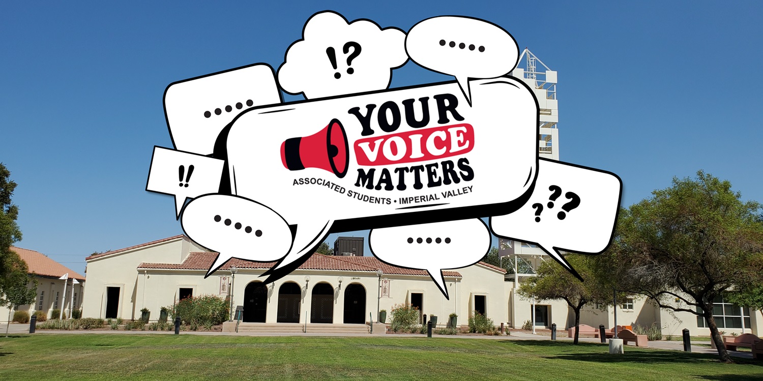 Illustration of SDSU Imperial Valley Library with many speech clouds in front