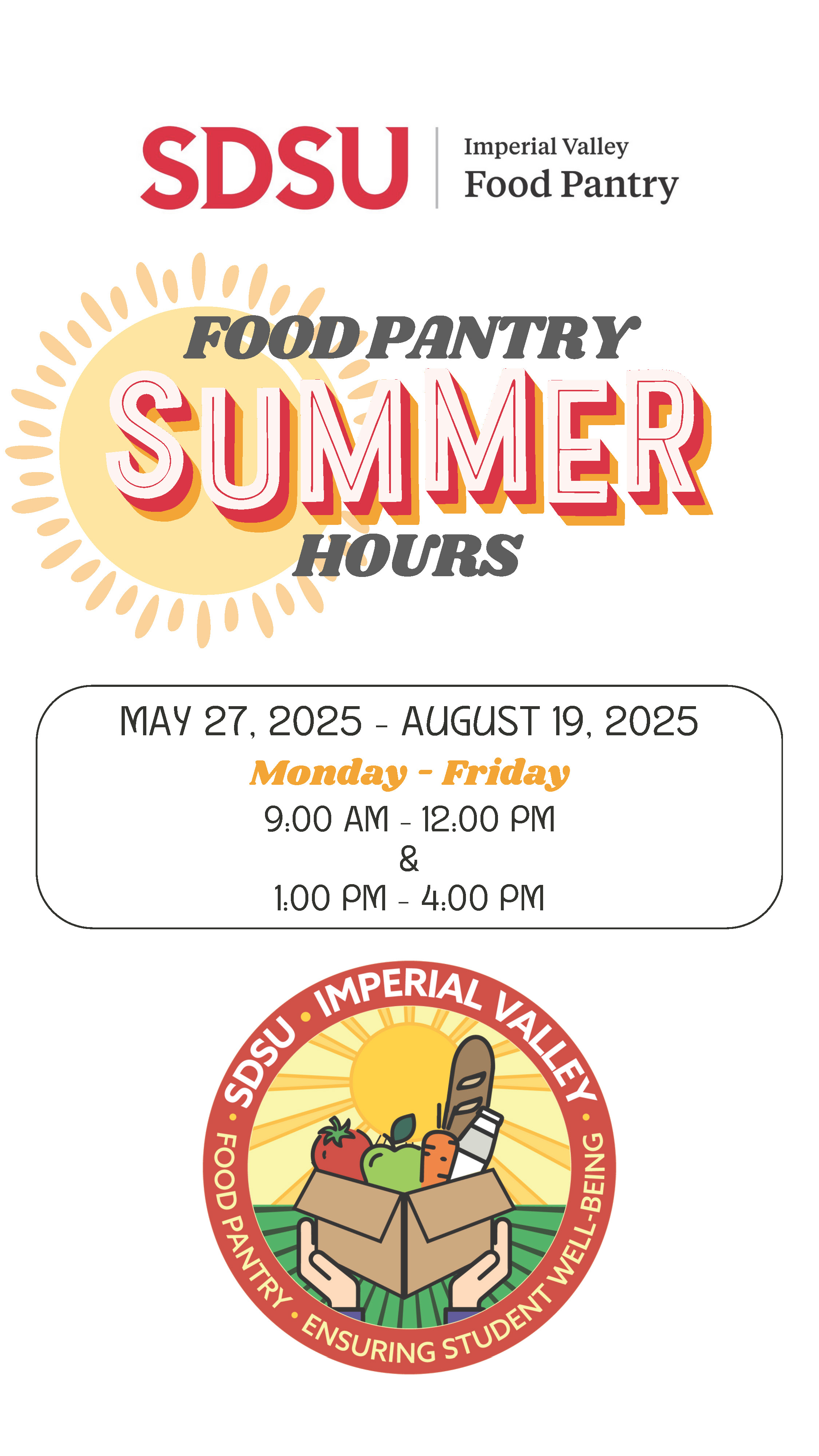 Food pantry Summer Hours May 27, 2025 through August 19, 2025, Monday through Friday, 9am to noon, 1pm to 4pm