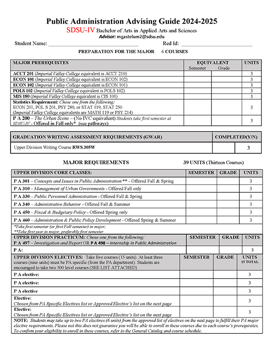 Public Administration Advising Guide and Pathways cover page