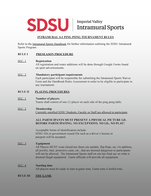 Ping Pong 1v1 rules handbook table of contents