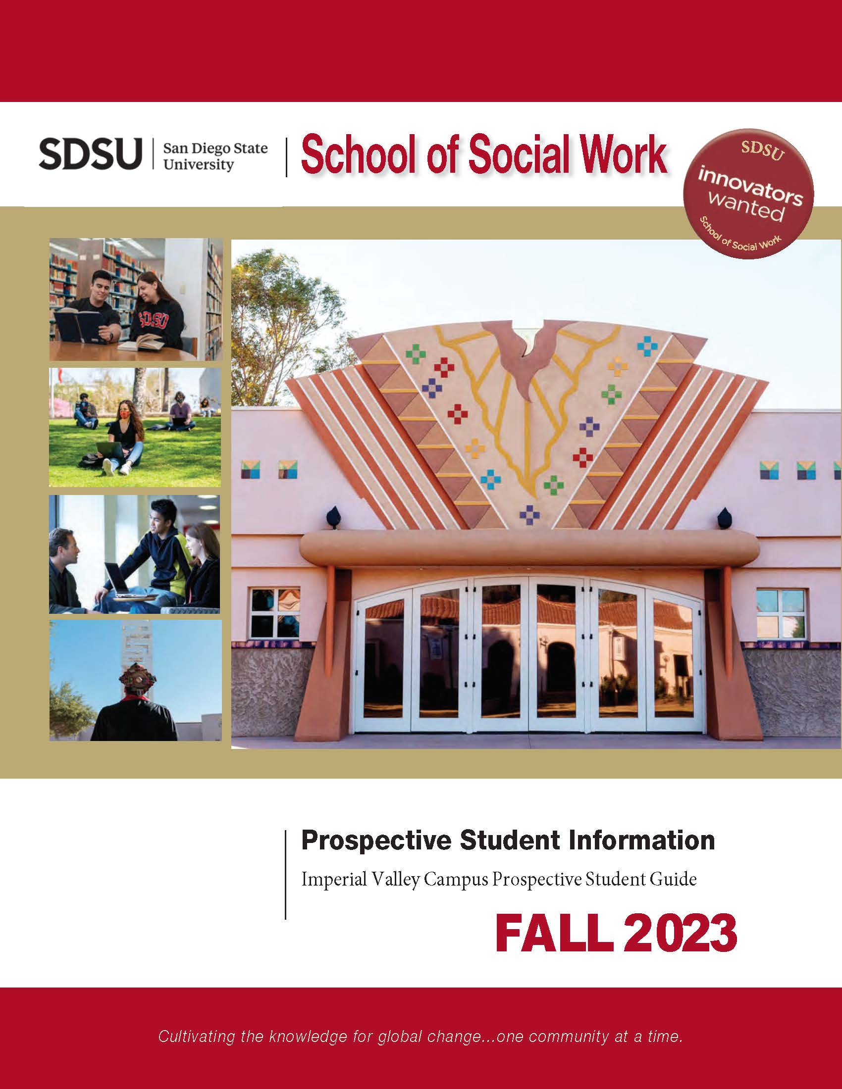brochure cover showing an image of the Steppling Gallery and four squares filled with different scenes with SDSU students