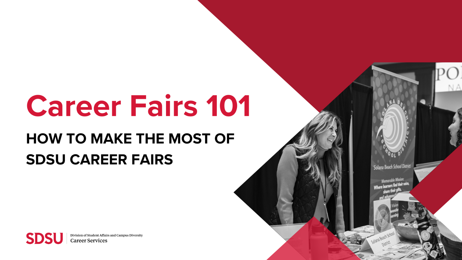 Powerpoint slide that says "Career Fairs 101 How to Make the Most of SDSU Career Fairs (Fall 2024)." It also contains the SDSU logo and a photo of female recruiter speaking with a female student at a career fair booth. It also contains the SDSU Career Services logo.