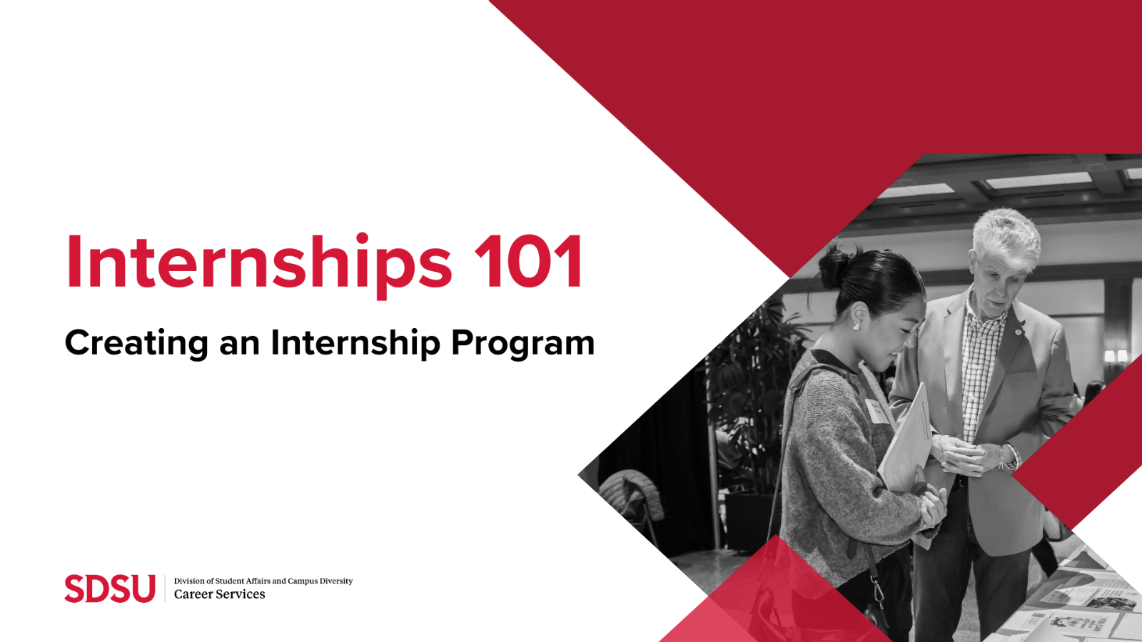 Powerpoint introduction slide that says: “Internships 101: Creating an Internship Program, Spring 2024” and contains an image of the SDSU clock tower in Student Services West. The slide also contains the SDSU logo.